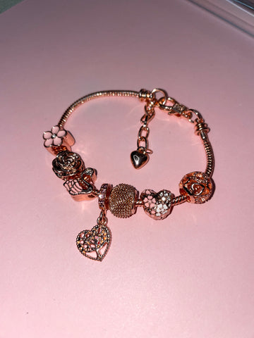 Silver Rose Heart Charm Bracelet - Pink